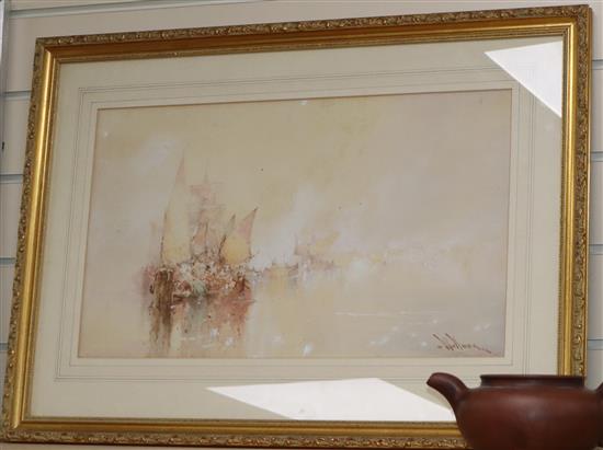 William Knox, watercolour, Shipping in the mist, signed, 29 x 49cm